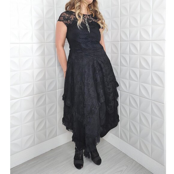 Vintage 80s-90s Black Lace Dress Fredericks Hollywood Handkerchief Goth Prom L - Picture 16 of 17